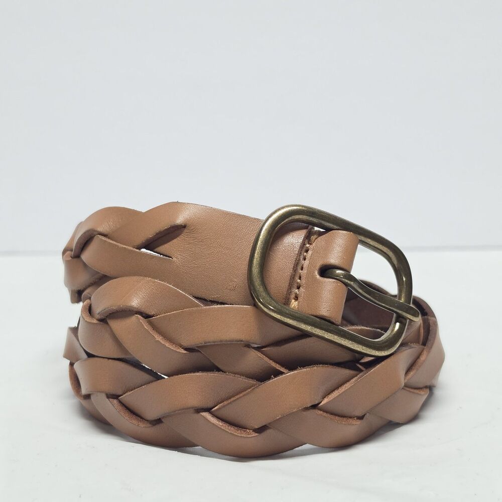 Vintage GAP Tan Brown Braided Leather Skinny Belt Brass Bucke Womens L Boho